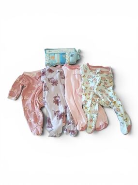 The Peanutshell Baby Girls Footed One-Piece Set, 4-Pack And Washcloths Bundle